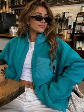 Patagonia Teal Vintage Deep Pile Retro Zip Up Fleece Jacket Made in USA